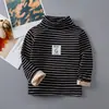 Camiseta Básica Espessa com Listras e Forro de Fleece para Crianças, Gola Alta, Gola Média, Peça Única, Gola Meio Alta, Manga Longa para Meninos e Meninas
