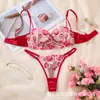 Conjunto de Lingerie Erótica em Renda com Bordado de Flor Vermelha Conjunto de Duas Peças Europeu e Americano Leve Transparente Sutiã Tanga Sexy