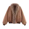 Chaqueta de Algodón con Empalme de Cuello Grande de Piel Sintética Estilo Europeo y Americano Transfronterizo Z Nueva Moda Elegante para Mujer 2025