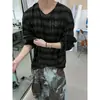 Camiseta de manga larga fina, translúcida, con efecto desgastado, de corte holgado, con rayas degradadas de otoño y dobladillo deshilachado, prenda de abrigo moderna para hombre