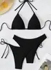 Biquíni Moda Popular Europeu e Americano Venda Quente Transfronteiriça Cor Sólida Decote Halter Amarrar Sexy Push-Up Multicor Conjunto de Três Peças