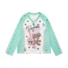 Camiseta de manga larga con estampado de oso retro americano y retazos a rayas para mujer, nuevo estilo de otoño, top versátil casual holgado, moderno