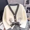 Cardigan de Punto Elegante Estilo Chanel Otoño e Invierno Nuevo Cuello en V Estilo Coreano Suéter Top de Bolsillo de Color Contrastante Versátil para Mujer