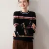 Camisa de Base Tricotada Nova Outono e Inverno 2025, Suéter Versátil de Cor Contrastante 100% Caxemira, Suéter Espessado com Gola Redonda e Combinação de Cores Feminino