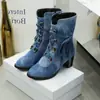 Botas Femininas de Comércio Exterior Jeans Inverno Novo Estilo Coreano Botas com Cadarço Sapatos de Salto Grosso Botas de Motocicleta Botas Curtas de Salto Alto