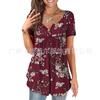 Site Independente Europeu e Americano Amazon Feminino Novo Manga Curta Verão Estampa Floral Moda Casual Tops Camisa Henley