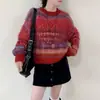 Suéter Pulôver com Gola Redonda, Bloqueio de Cores, Faux Mink Brilhante, Seda, Estilo Suave para Mulheres, Outono e Inverno, Modelagem Solta, Tricô Fair Isle, Cor Degradê