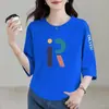 Comércio exterior transfronteiriço, roupas para mães, camiseta de manga três quartos para mulheres de meia-idade e idosas, blusa solta plus size de meia-manga, moda do Instagram