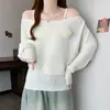 Conjunto de dos piezas de punto para mujer de talla grande, estilo coreano, de un solo hombro, con estampado floral tridimensional, manga larga y protección solar