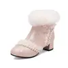 Botas Mao Mao Traje Tang Cheongsam Botas Bordadas Casuales Botines Botas Dulces con Encaje Fruncido Perla Media Gruesa Lolita