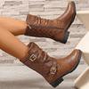 Comercio Exterior Estilo Europeo y Americano Talla Grande Botas Vaqueras Occidentales de Media Pantorrilla para Mujer Nueva Moda Cadena Remache Tacón Grueso Botas de Jinete Deseo