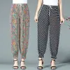 Nuevo Estilo Verano Pantalones de Seda de Hielo con Puño Elástico y Flores Pantalones Acampanados Elásticos para Mamá Pantalones de Verano Florales para Mujeres de Mediana Edad