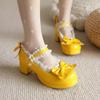 Nuevos Zapatos de Caramelo, Encaje Dulce con Volantes de Lazo, Zapatos de Moda de Princesa, Hebilla Tacón Medio Zapatos de Comercio Exterior