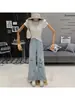 Calça jeans feminina de retalhos de renda vintage rasgada, fina para o verão, cintura alta, perna reta, corte solto, modelagem que afina, comprimento até o chão