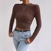 Camiseta de Manga Larga a Cuadros Redonda para Mujer con Aspecto Adelgazante, Top Plisado, Transfronterizo Europeo y Americano, Amazon, Otoño e Invierno, Delgado y Versátil