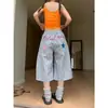 Calça Wide-Leg com Estampa de Carta de Comércio Transfronteiriço para Mulheres Verão Xt Casual Cropped Calça Shorts Soltos Estampados Estilo Americano Yu Inflamável