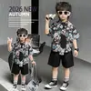 Conjunto de Camisa de Verano para Niños 2026 Nuevo Estilo Infantil Fresco Estilo Hong Kong Camisa Floral Conjunto de Dos Piezas de Playa para Verano