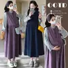 Foto real~ Vestido colete de veludo cotelê de abotoamento simples soltinho para outono de gestantes + blusa base com gola alta e renda em formato de coração