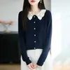 Cardigan de Punto con Cuello Hueco de Lana Fina, Manga Larga para Mujer, Bloque de Color, Botón de Perla, Nuevo Otoño/Invierno 2026