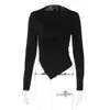 Roupas Femininas Europeias e Americanas Outono 2026 Nova Moda Camiseta Assimétrica Plissada Slim Fit Manga Longa Tops para Mulheres Atacado