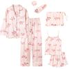 Conjunto Delgado Tipo Seda de 7 Piezas para Todas las Estaciones, Cárdigan para Mujer, Estilo Camisola Delgado de Seda de Hielo, Ropa de Casa Estilo Cereza y Fresa