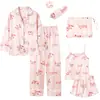 Pijama Delgado Estilo Ins Transfronterizo de Comercio Exterior para Mujer, Conjunto de Siete Piezas para Primavera y Otoño, Ropa de Casa con Patrón de Grulla, Pijama Delgado para Todas las Estaciones