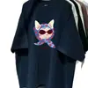 Camiseta de Manga Corta 100% Algodón Puro para Verano, Elegante y Personalizada, con Lindo Estampado de Gato de Dibujos Animados, Top Chic Adelgazante para Usar por Encima