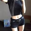 Shorts de Mezclilla Negros de Cintura Baja para Mujer Ajustados Y2K Hot Pants Estilo Americano Chicas Calientes Sexy Elásticos Ajustados