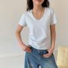 Verano Nueva Amoníaco Líquido Algodón Puro Básico Combinable Camiseta Cuello Redondo Estilo Coreano Hombro Adelgazante Manga Corta Color Sólido Top Cuello U para Mujer