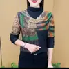 Blusa artística com bloco de cores e gola alta para mulheres, com corte justo e que valoriza a silhueta para outono e inverno, confortável, estilo retrô, com mangas compridas, para usar como base.