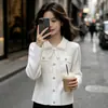 Suéter de punto largo de manga larga con cuello estilo francés de lujo ligero para mujer, primavera y otoño, con elaborados detalles de pedrería y lazos, cárdigan elegante