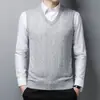 Colete Outono e Inverno Novo Masculino Gola V Sem Mangas Tricô Colete Suéter Cor Sólida Meia-idade Business Suéter Interno