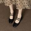 Sapatos femininos retrô prateados de camada única, salto grosso, primavera e outono, 2024, bico quadrado, fivela de boca rasa, sapatos Mary Jane, sapatos de camada única