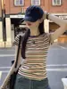 Camiseta Retro Chic Rayada Estilo Americano para Mujer Verano Diseño de Color Contrastante Que Reduce la Edad Ajustada Top Básico Hombro Manga Corta