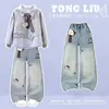 Moletom fino estilo japonês para meninas, para primavera e outono, doce e fresco, manga longa, jeans soltinho confortável com desenho, conjunto versátil moderno de duas peças