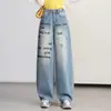 Jeans de Outono 2026 com Bordado de Letras e Foice para Mulheres, Cintura Alta Emagrecedor Desgastado Versátil de Perna Larga Calças Casuais Tendência