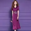 Vestido Roxo Bordado com Contas Fimoni Feminino Manga Curta Verão Luxo Leve Cetim High-end Cinturado Saia de Dama