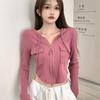 Cárdigan corto con capucha 2024 para mujer, otoño e invierno, diseño de hombrecito puro, dulce y picante, camiseta elegante con cremallera