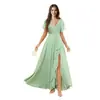 Vestido de dama de honor de gasa con escote en V y manga acampanada, estilo europeo y americano, con cintura plisada y abertura, vestido largo formal para fiesta de boda