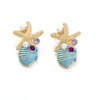 Pendientes de Aleación Rosa con Forma de Estrella de Mar, Diamante y Perla, Estilo Vacacional Transfronterizo, Personalizados, Pendientes de Joyería de Alta Gama para Verano