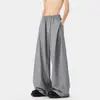 Terno cinza com cintura elástica e calça de perna larga para homens, calça plissada fina e fluida de verão, calça solta e casual de comprimento total