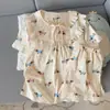 Pijama de Verão para Mulheres, Shorts de Algodão Nuvem de Manga Curta, Pulôver com Gola Peter Pan, Estilo Doce Princesa Desenho Animado Ins Estilo Coreano Conjunto