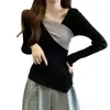 Camisa básica de manga longa com retalhos irregulares de veludo macio que cobre a barriga para outono e inverno, top de tricô emagrecedor com decote V para primavera e outono