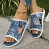 Nuevas sandalias de verano casuales de mezclilla, talla grande, suela plana, punta redonda, sin cordones, en negro y azul, ligeras