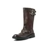 Botas de Cavaleiro de Couro de Vaca de Primeira Camada Botas Femininas de Cano Médio Outono/Inverno Novas Bico Redondo Salto Médio Fivela Botas Individuais Botas Femininas de Cano Médio Moda