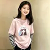 Camiseta de manga larga de algodón puro para niñas con retazos de dibujos animados, top holgado casual estilo coreano, camiseta base de dos piezas para niños para primavera y otoño