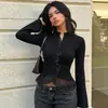 Comercio Electrónico Transfronterizo Europeo y Americano Ropa de Mujer Cardigan Patchwork de Encaje Francés Camisa Cuello Alto Manga Larga Canalé Ajustado Top