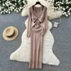 Elegante Vestido de Punto con Cuello en V para Mujer 2026 Otoño Adelgazante Manga Larga Estilo Perezoso Suave Falda Larga