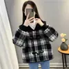 Abrigo de Lana para Tallas Grandes Otoño/Invierno, Cárdigan a Cuadros Estilo Coco Chanel para Mujer de Tallas Grandes, Top Espeso de Forro Polar con Botones de Cuerno y Perlas, Moderno