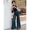 Jeans de Pierna Ancha Acampanados con Caída Azul Oscuro Estilo Retro de Hong Kong para Mujer Verano Petite Sueltos de Pierna Ancha Hasta el Suelo